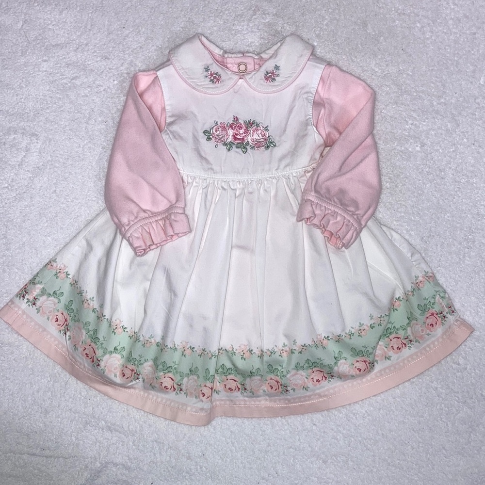 First impressions pinafore dress embroidered roses Peter Pan collar 0/3m